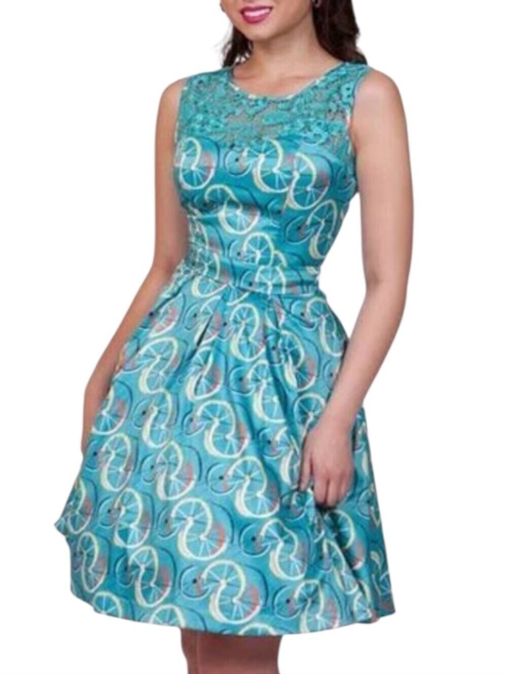 Tatyana Cruiser Swing Dress Women Small Blue Bicycle Print Rockabilly